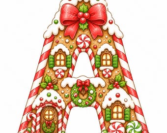 26 Christmas Candy Cottage Alphabet Clipart, Hand Drawn Gingerbread Letters A-Z, Cute Holiday Monogram Set for Crafts, Digital Download