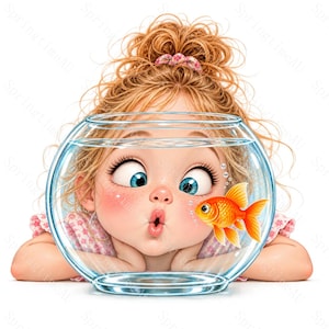Könnte beinhalten: Eine digitale Illustration einer Person mit unordentlichem blonden Haar im Dutt, die ein rosa gemustertes Oberteil trägt und mit großen blauen Augen einen kleinen orangefarbenen Goldfisch in einem runden Glasfischglas mit Wasserblasen betrachtet.