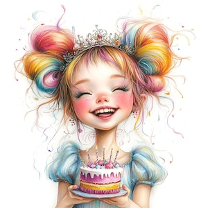 18 eigenzinnige verjaardag meisje clipart, babymeisje, verjaardagstaart, grillig, afdrukbare aquarel, hoogwaardige JPG's, Paper Craft, Junk Journal, verjaardagstaart