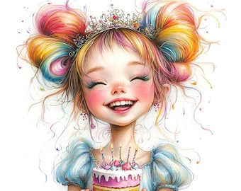 18 schrullig Geburtstag Mädchen Clipart, Baby Mädchen, Geburtstagskuchen, wunderlich, druckbare Aquarell, hochwertige JPGs, Papiermodelle, Junk Journal