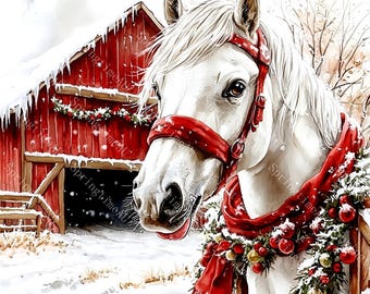 Könnte beinhalten: Aquarellmalerei eines weißen Pferdes mit rotem Zaumzeug und Schal, geschmückt mit einer festlichen Girlande. Eine rote Scheune mit schneebedecktem Dach und Weihnachtsdekorationen im Hintergrund, die eine winterliche Urlaubsszene schaffen.