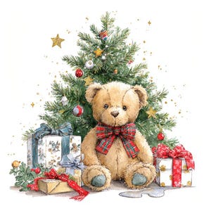 16 Teddy Bear with Christmas Tree Clipart, Baby Bear, Christmas Card, Printable Watercolor, High-Quality PNG/JPGs, Papercraft, Junk Journal