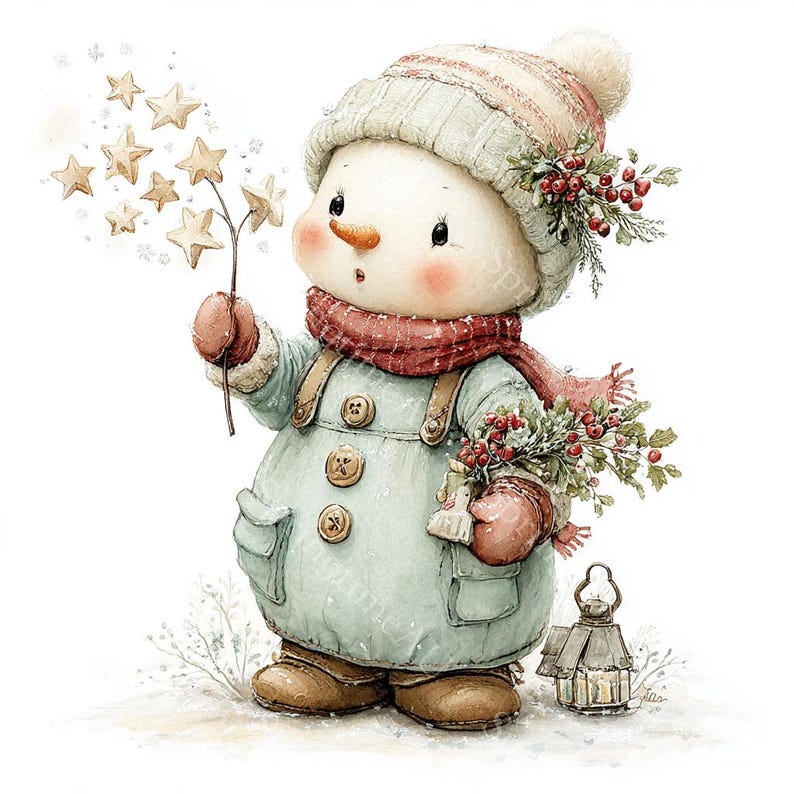 18 Whimsical Snowman Clipart, Christmas Snowman, Festive Holiday, Printable Watercolor, High-Quality JPGs, Paper Craft, Junk Journal