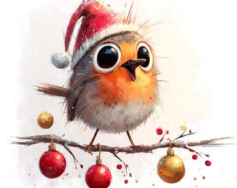 20 Quirky Christmas Robin Clipart, Whimsical Bird, Christmas Card, Printable Watercolor, High-Quality JPGs, Papercraft, Junk Journal