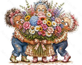 16 Funny Garden Grandma Friends Clipart, Whimsical Big Eye Watercolor JPG, Gardening Ladies, Birthday Sublimation, Digital Download