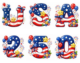 36 Cute Patriotic Holiday Alphabet Clipart, 4th of July, Independence Day, Printable Watercolor, High-Quality JPG, Paper Craft, Junk Journal