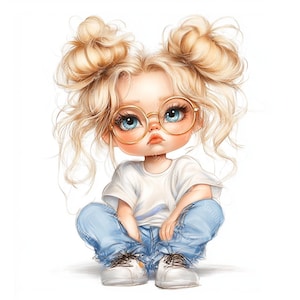 20 clipart engraçados de garotas, garotas peculiares, garotas loiras, aquarela para impressão, JPGs de alta qualidade, artesanato em papel, diário de lixo, download digital