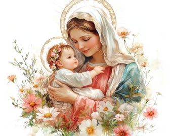 20 Virgin Mary with Baby Jesus Clipart, Christmas Nativity, Catholic, Printable Watercolor, High-Quality JPGs, Papercraft, Junk Journal