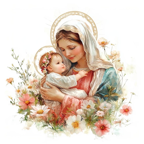 20 Virgin Mary with Baby Jesus Clipart, Christmas Nativity, Catholic, Printable Watercolor, High-Quality JPGs, Papercraft, Junk Journal