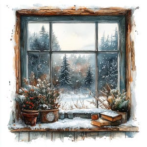 15 Clipart vue paysage de fenêtre d'hiver, scène enneigée, fenêtre de Noël, aquarelle imprimable, fichiers JPG de haute qualité, créations en papier, journal indésirable