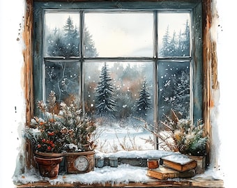 15 冬の窓の風景のクリップアート、雪景色、クリスマスの窓、印刷可能