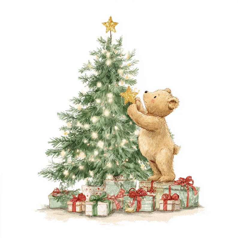 16 Teddy Bear with Christmas Tree Clipart, Baby Bear, Christmas Card, Printable Watercolor, High-Quality PNG/JPGs, Papercraft, Junk Journal