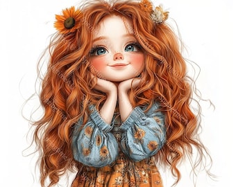 May include: A young girl with long, curly red hair wearing a blue and orange floral dress. She is smiling and has her hands on her chin. She is wearing a flower crown with orange and white flowers.