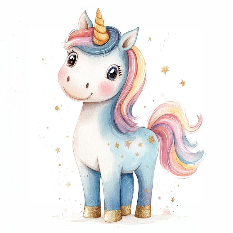 14 Rainbow Unicorn Clipart, Cute Unicorn Clipart, Baby Unicorn, Printable Watercolor, High-Quality JPGs, PaperCraft, Junk Journal