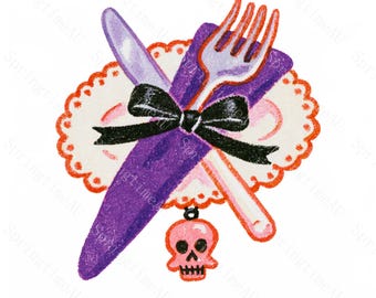 15 Vintage Halloween Picnic Cutlery Clipart, Retro Pastel Crayon Napkin JPG, Sublimation Sticker Card Design, Digital Download