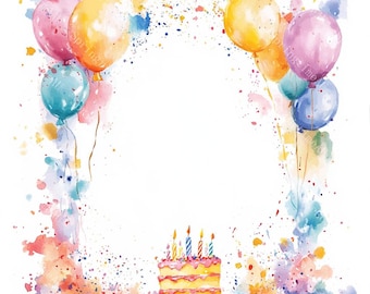 12 Birthday Frame Clipart, Balloons Clipart, Celebration, Printable Watercolor, High-Quality JPGs, PaperCraft, Junk Journal,Digital Download