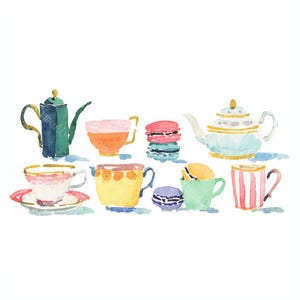 26 Tea Party Border Clipart, Watercolor Teacup Teapot JPG, Vintage High Tea Border Designs, Birthday Invitation Printable, Commercial Use