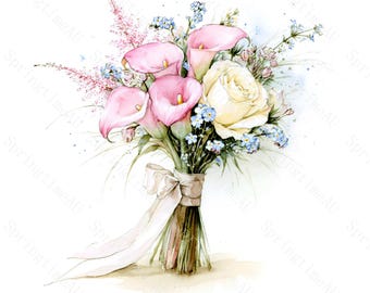 18 Bridal Bouquet Wedding Clipart, Elegant Watercolor JPG, Wedding Floral Sublimation, Grandmillennial Decor, Digital Download