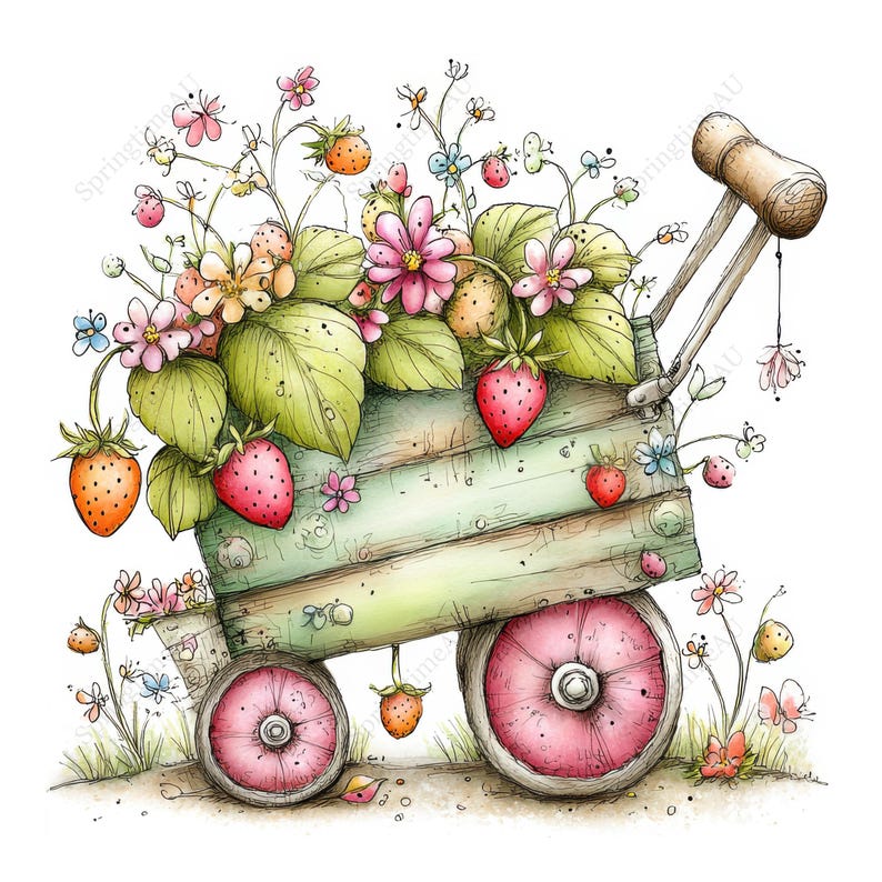 May include: Watercolor illustration of a wooden wagon filled with strawberries, flowers, and green leaves. The wagon has pink wheels and a wooden handle. The strawberries are red and orange, and the flowers are pink and white. The overall theme is a whimsical garden.