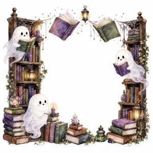 Puede incluir: Un marco decorativo con dos estanterías de madera llenas de libros coloridos, hiedra y linternas brillantes. Hay tres fantasmas blancos, dos leyendo libros y uno sosteniendo una vela morada. Libros flotantes y telarañas completan la escena.
