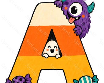 26 Cute Monster Halloween Alphabet Clipart, Candy Corn Watercolor JPG Letters, Kids Ghost Monogram for Classroom Crafts, Digital Download