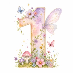 Könnte beinhalten: Eine dekorative Illustration der Zahl Eins mit einem Aquarellverlauf in Pastellrosa, Lila und Orange. Das Design ist mit grünen Ranken, kleinen bunten Blumen, zwei Pilzen, einem blauen Schmetterling, einem rosa Schmetterling und Feenflügeln verziert.