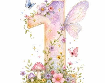10 Fairy Garden Number Clipart, Watercolor PNG, Fairy Party Age Numbers, Cake Topper Printable, Digital Download
