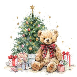 16 Teddy Bear with Christmas Tree Clipart, Baby Bear, Christmas Card, Printable Watercolor, High-Quality PNG/JPGs, Papercraft, Junk Journal