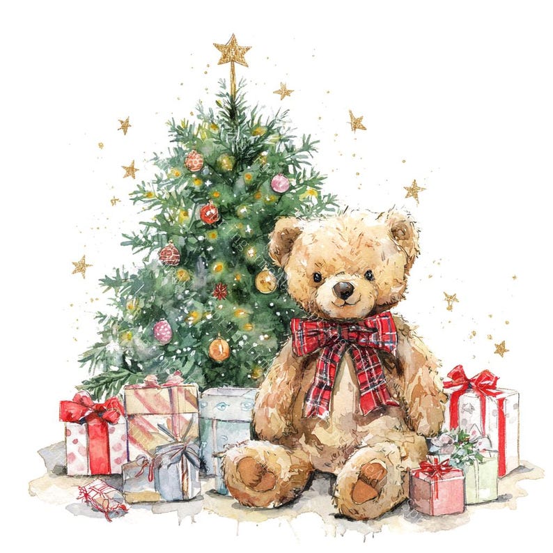 16 Teddy Bear with Christmas Tree Clipart, Baby Bear, Christmas Card, Printable Watercolor, High-Quality PNG/JPGs, Papercraft, Junk Journal