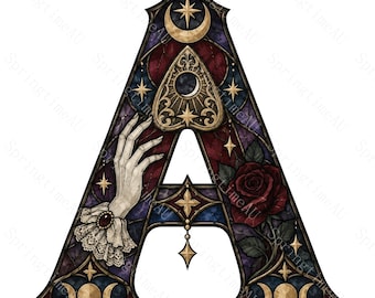 26 Victorian Seance Alphabet Clipart, Gothic Stained Glass JPG Letters, Celestial Witch Monogram for Dark Decor, Digital Download