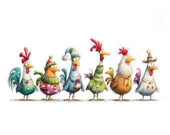 18 imágenes prediseñadas de pollos navideños divertidos, pollos divertidos, tarjeta navideña, acuarela imprimible, archivos JPG de alta calidad, manualidades de papel, diario basura