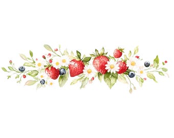 20 Strawberries Garland Clipart, Fruit Border Clipart, Printable Watercolor, High-Quality JPGs, Paper Craft, Junk Journal, Digital Download