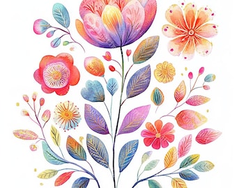20 Quirky Weird Flowers Clipart, Folk Art Flowers, Colorful Flowers, Printable Watercolor, High-Quality JPGs, Paper Craft, Junk Journal