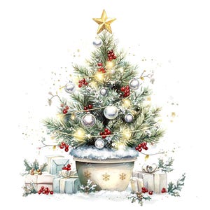 May include: Watercolor illustration of a Christmas tree in a pot, decorated with silver ornaments, red berries, and a gold star. The tree is surrounded by wrapped gifts and holly, with a dusting of snow.