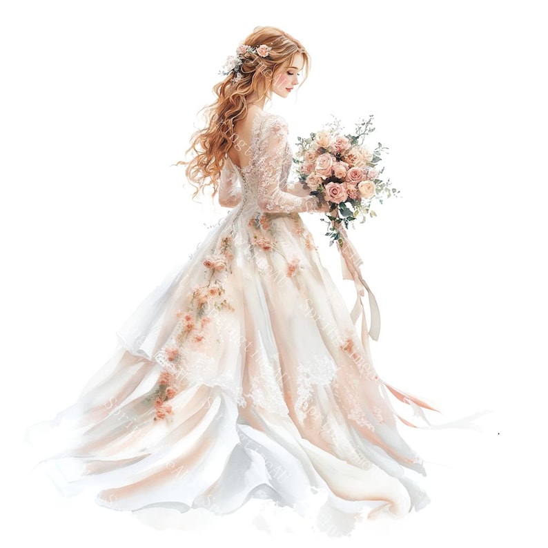 20 Wedding Clipart, Romantic Bride, Wedding Bridal Gown Clipart, Printable Watercolor, High-Quality JPGs, Paper Craft, Junk Journal