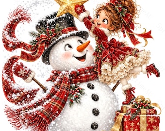 15 Funny Snowman Christmas Girl Clipart, Cute Big Eye Watercolor JPG, Winter Holiday Sublimation, Planner Stickers, Digital Download