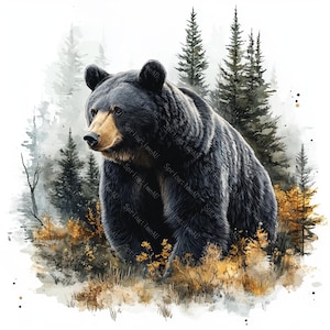 20 cliparts ours noir et forêt de montagne, ours noir, art de la forêt de montagne, aquarelle imprimable, fichiers JPG de haute qualité, créations en papier, journal indésirable