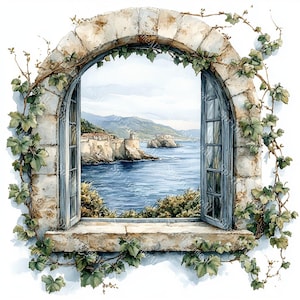 14 Clipart con vista mare dalla finestra, stampa finestra sull'oceano, vista oceano dalla finestra, acquerello stampabile, JPG di alta qualità, artigianato di carta, diario spazzatura