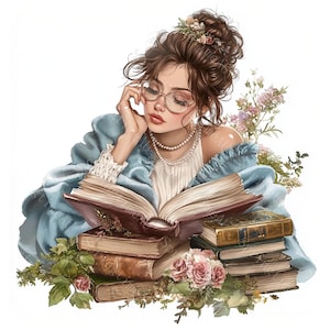 15 Clipart di amanti dei libri, ragazza che legge sui libri, arte letteraria, acquerello stampabile, JPG di alta qualità, artigianato di carta, diario spazzatura
