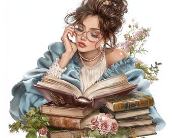 15 Book Lover Clipart, Girl Reading on Books, Literary Art, Printable Watercolor, High-Quality JPGs, Paper Craft, Junk Journal