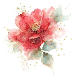 May include: Watercolor illustration of a vibrant red flower with delicate petals and a golden center. Soft green leaves and gold flecks accent the flower, creating an elegant and artistic design. The floral artwork is set against a clean white background.