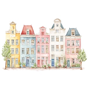 18 imágenes de casas pastel de Ámsterdam, casas en los canales holandeses, Ámsterdam encantadora, acuarela imprimible, archivos JPG de alta calidad, manualidades de papel, diario basura