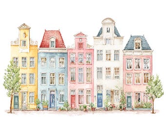 18 Pastel Amsterdam Houses Clipart, Dutch Canal Houses, Cute Amsterdam, Printable Watercolor, High-Quality JPGs, Papercraft, Junk Journal