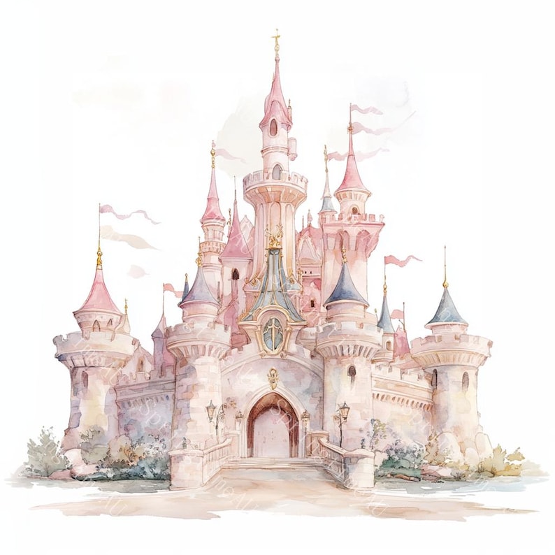 14 Princess Castle Clipart, Magical Fairytale Castle, Pink castle, Printable Watercolor,High-Quality JPGs, Paper Craft, Junk Journal