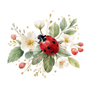 16 Floral Ladybug Clipart, Cute Lady Bug, Spring Art, Printable Watercolor, High-Quality JPGs, Paper Craft, Junk Journal, Digital Download