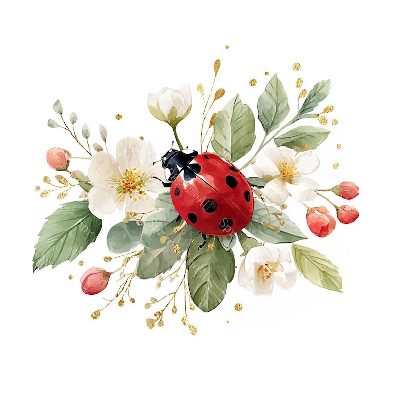 16 Floral Ladybug Clipart, Cute Lady Bug, Spring Art, Printable Watercolor, High-Quality JPGs, Paper Craft, Junk Journal, Digital Download