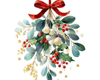 18 Mistletoe Christmas Clipart, Winter Botanical, Vintage Mistletoe, Printable Watercolor, High-Quality PNG/JPGs, Paper Craft, Junk Journal