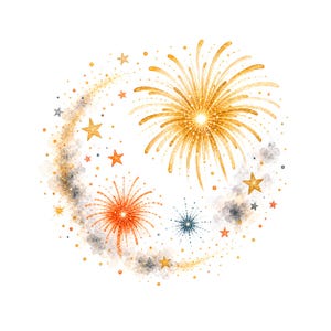 Op de afbeelding: Een cirkelvormige aquarelillustratie met een grote gouden vuurwerkexplosie, een kleiner oranje vuurwerk en een piepklein donkerblauw vuurwerk. Een sikkelvormig spoor van grijze rook en gouden glitters omringt de vuurwerken met verspreide sterren.