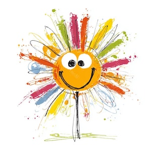 Pode incluir: Ilustração fantasiosa de um sol sorridente. O sol é laranja com olhos pretos e um sorriso curvo. Seus raios são representados com pinceladas coloridas em tons de amarelo, verde, rosa e azul, criando um design vibrante e divertido.