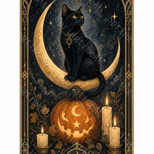 Può includere: Una stampa rettangolare raffigurante un gatto nero con una collana dorata seduto su una luna crescente. Sotto, una zucca intagliata è circondata da tre candele accese su uno sfondo scuro decorato con stelle e filigrana oro.